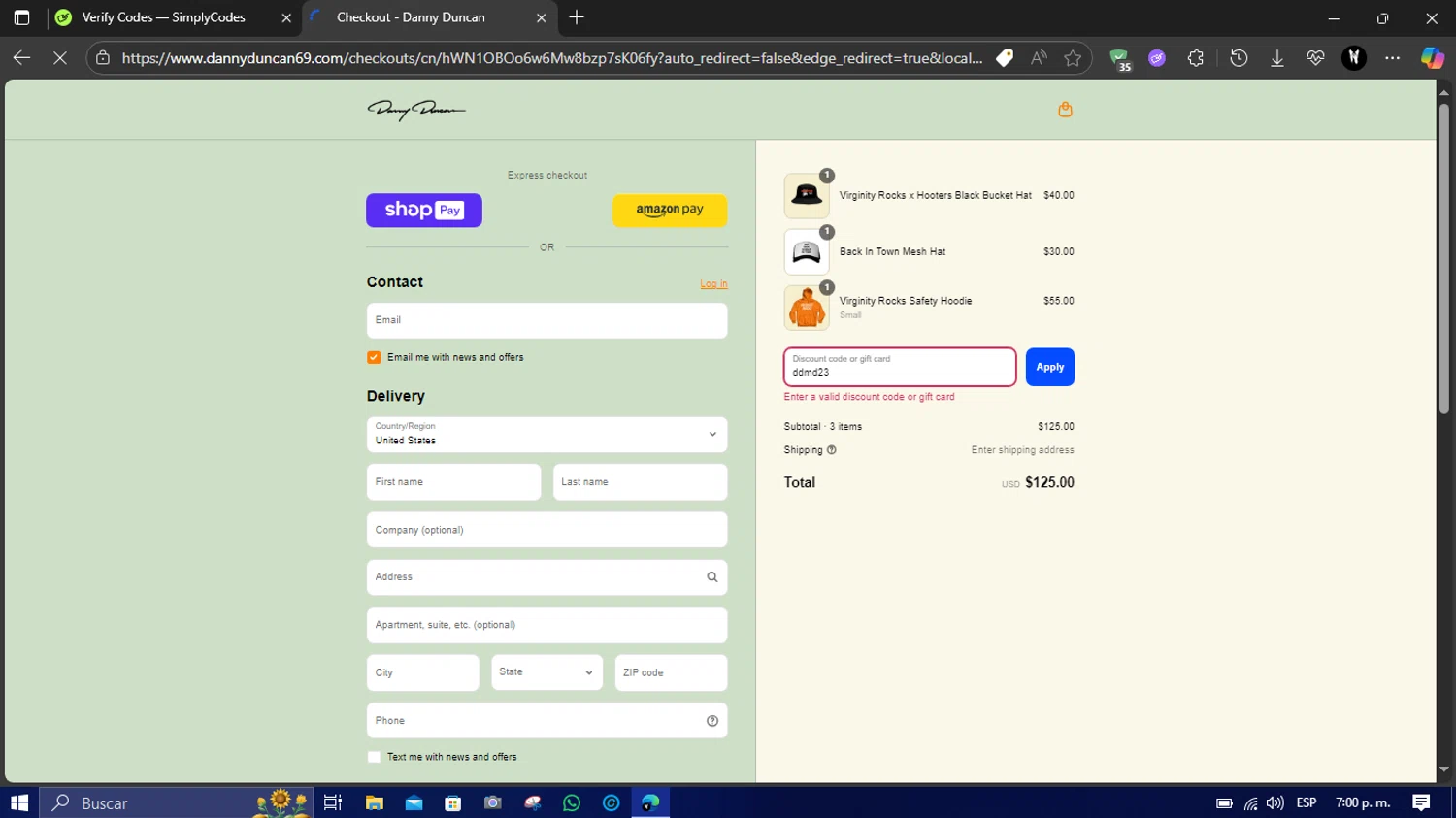 Danny Duncan discount code screenshot showing code ddmd23 applied at Danny Duncan checkout page. Uploaded by SimplyCodes community member LegendaryFox3474 on Aug 3, 2025