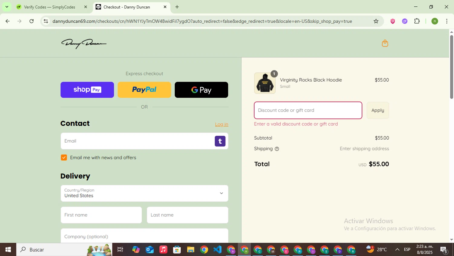 Danny Duncan discount code screenshot showing code ddmd23 applied at Danny Duncan checkout page. Uploaded by SimplyCodes community member SwiftSaver6197 on Aug 8, 2025