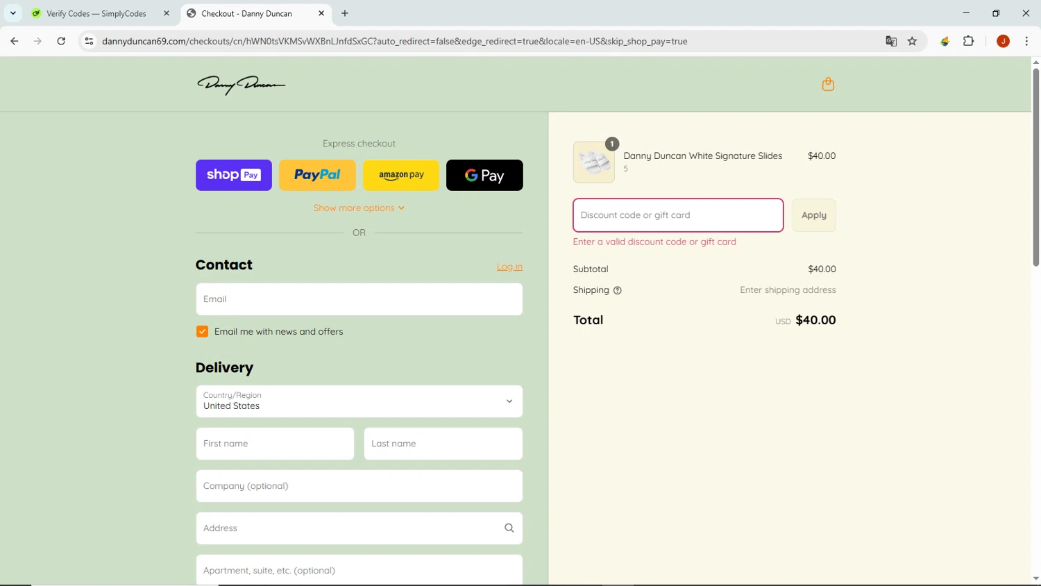 Danny Duncan discount code screenshot showing code SLIDE50 applied at Danny Duncan checkout page. Uploaded by SimplyCodes community member NobleMaven802 on Jul 22, 2025