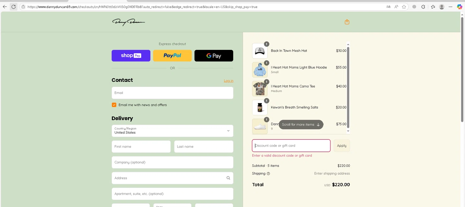 Danny Duncan discount code screenshot showing code SLIDE50 applied at Danny Duncan checkout page. Uploaded by SimplyCodes community member ShieldFox4608 on Jul 22, 2025