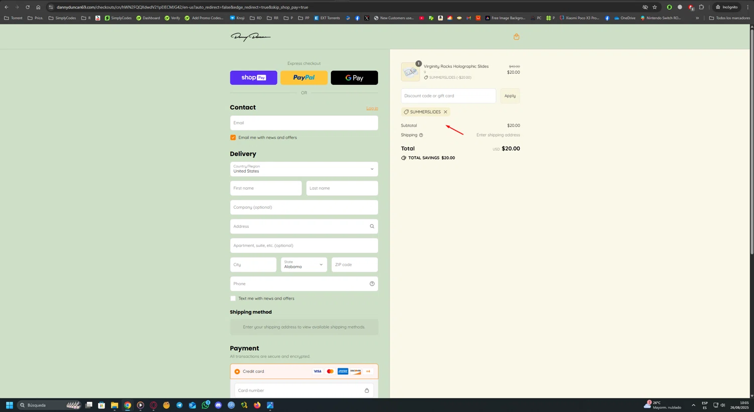 Danny Duncan discount code screenshot showing code SUMMERSLIDES applied at Danny Duncan checkout page. Uploaded by SimplyCodes community member UnkNownVnzla on Aug 26, 2025