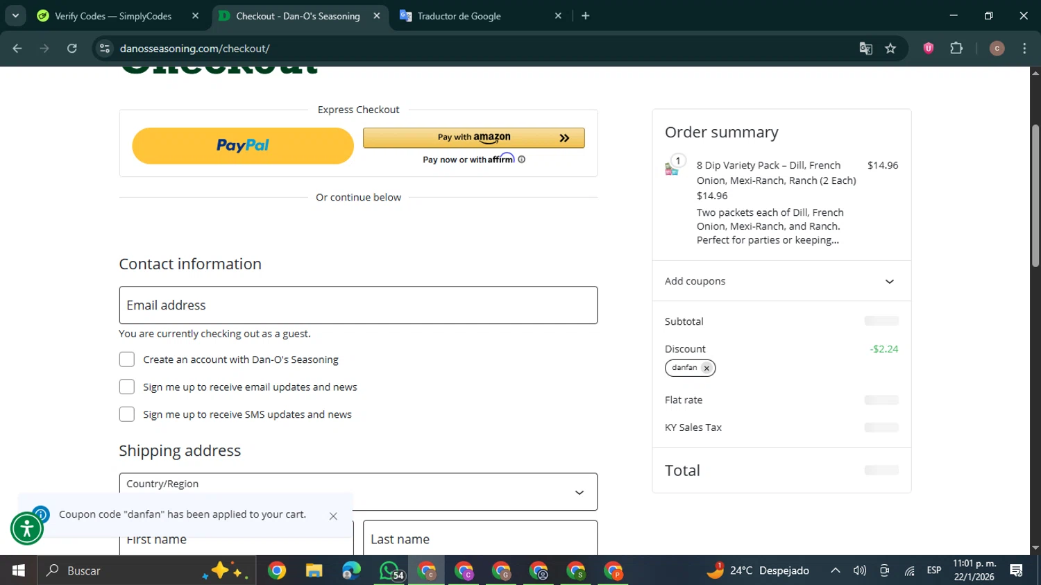 Dan-O's Seasoning discount code screenshot showing code danfan applied at Dan-O's Seasoning checkout page. Uploaded by SimplyCodes community member NobleExpert6497 on Jan 23, 2026