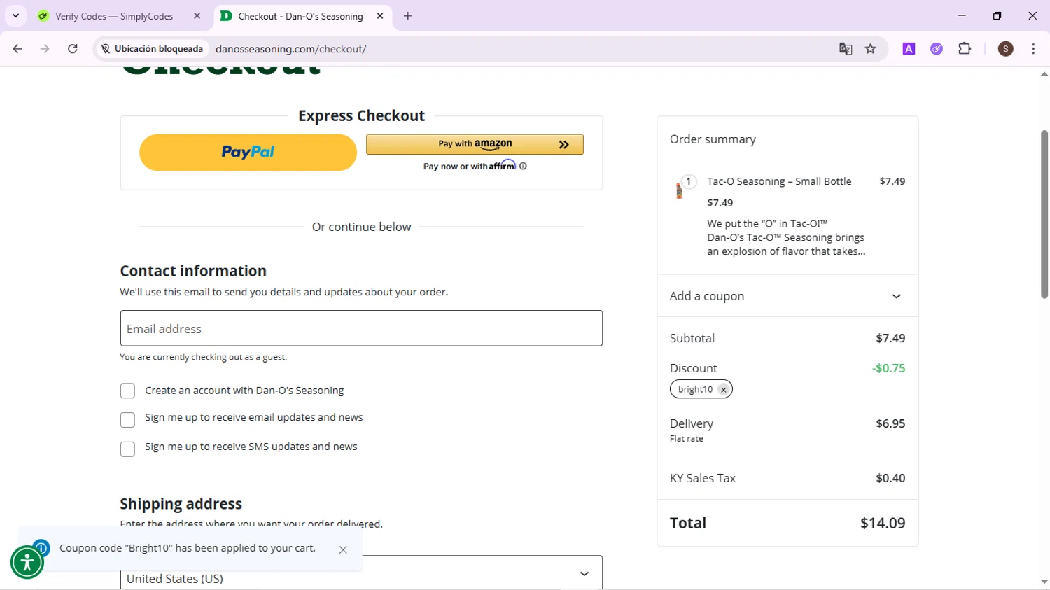 Dan-O's Seasoning discount code screenshot showing code Bright10 applied at Dan-O's Seasoning checkout page. Uploaded by SimplyCodes community member QuestPhoenix2794 on May 16, 2025