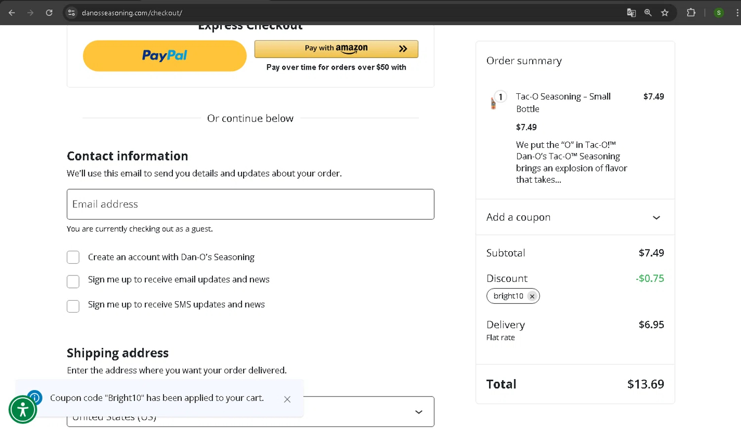 Dan-O's Seasoning discount code screenshot showing code Bright10 applied at Dan-O's Seasoning checkout page. Uploaded by SimplyCodes community member CodeTiger886 on May 9, 2025