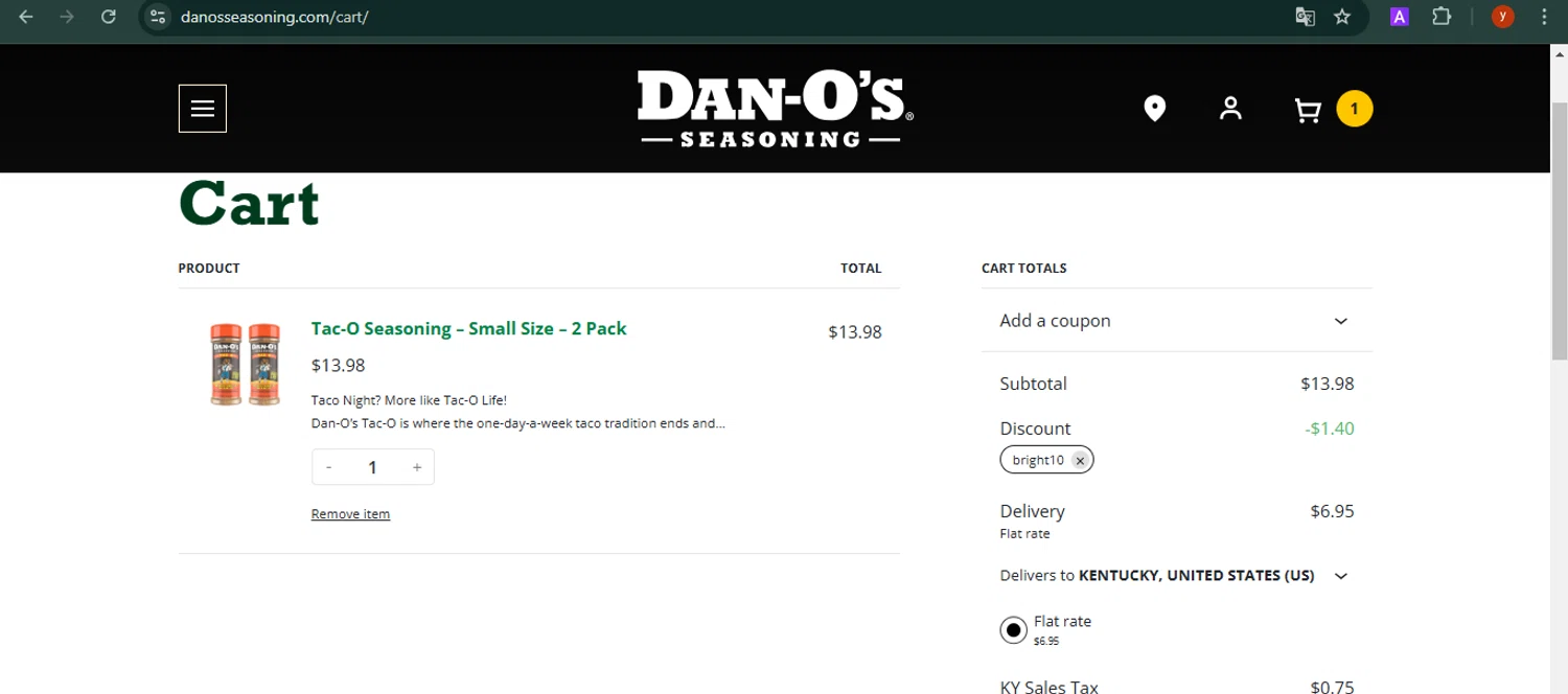 Dan-O's Seasoning discount code screenshot showing code Bright10 applied at Dan-O's Seasoning checkout page. Uploaded by SimplyCodes community member CrownTiger7501 on Feb 3, 2025