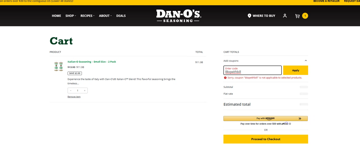 Dan-O's Seasoning discount code screenshot showing code Bbqwithbill applied at Dan-O's Seasoning checkout page. Uploaded by SimplyCodes community member Billyyou on Jan 3, 2026