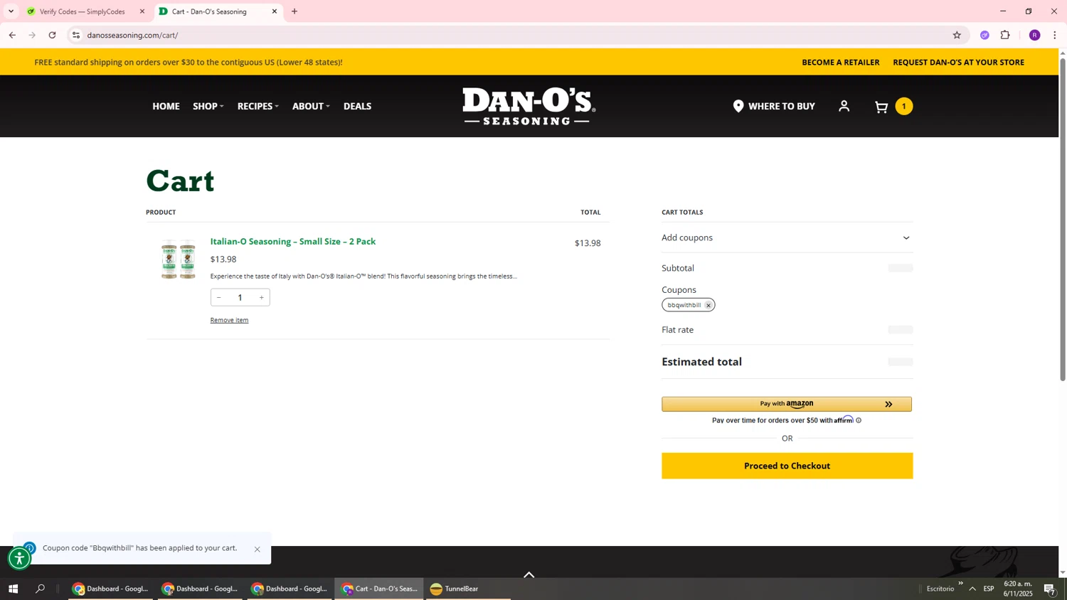 Dan-O's Seasoning discount code screenshot showing code Bbqwithbill applied at Dan-O's Seasoning checkout page. Uploaded by SimplyCodes community member ukemochi on Nov 6, 2025