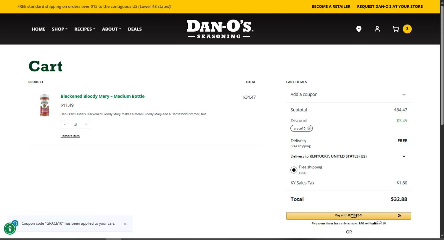 Dan-O's Seasoning discount code screenshot showing code GRACE10 applied at Dan-O's Seasoning checkout page. Uploaded by SimplyCodes community member CouponHero3179 on Jun 28, 2025