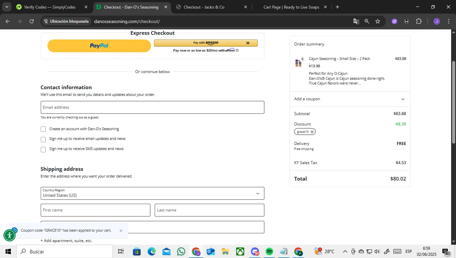 Dan-O's Seasoning discount code screenshot showing code GRACE10 applied at Dan-O's Seasoning checkout page. Uploaded by SimplyCodes community member ENCARAMESSI on Jun 2, 2025
