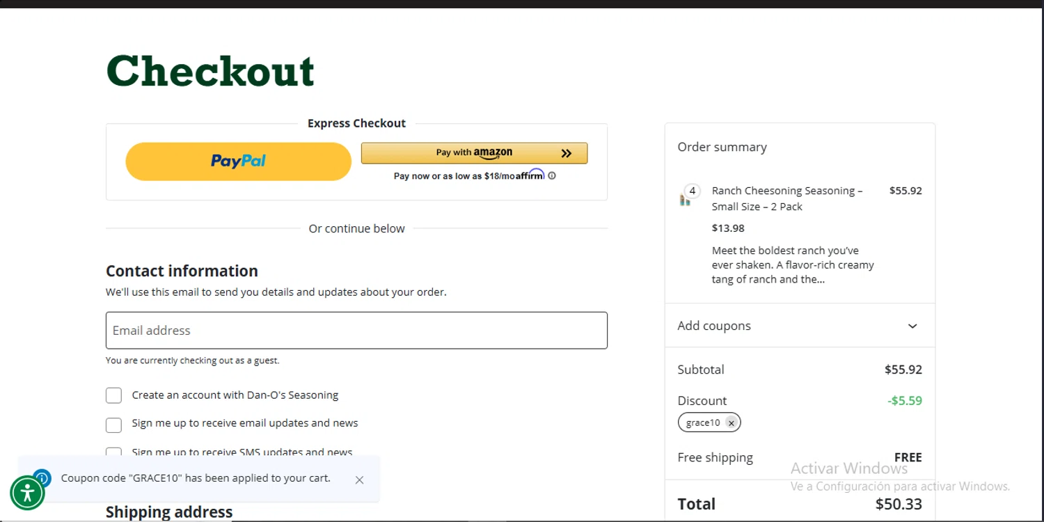 Dan-O's Seasoning discount code screenshot showing code GRACE10 applied at Dan-O's Seasoning checkout page. Uploaded by SimplyCodes community member RewardLynx9164 on Oct 22, 2025
