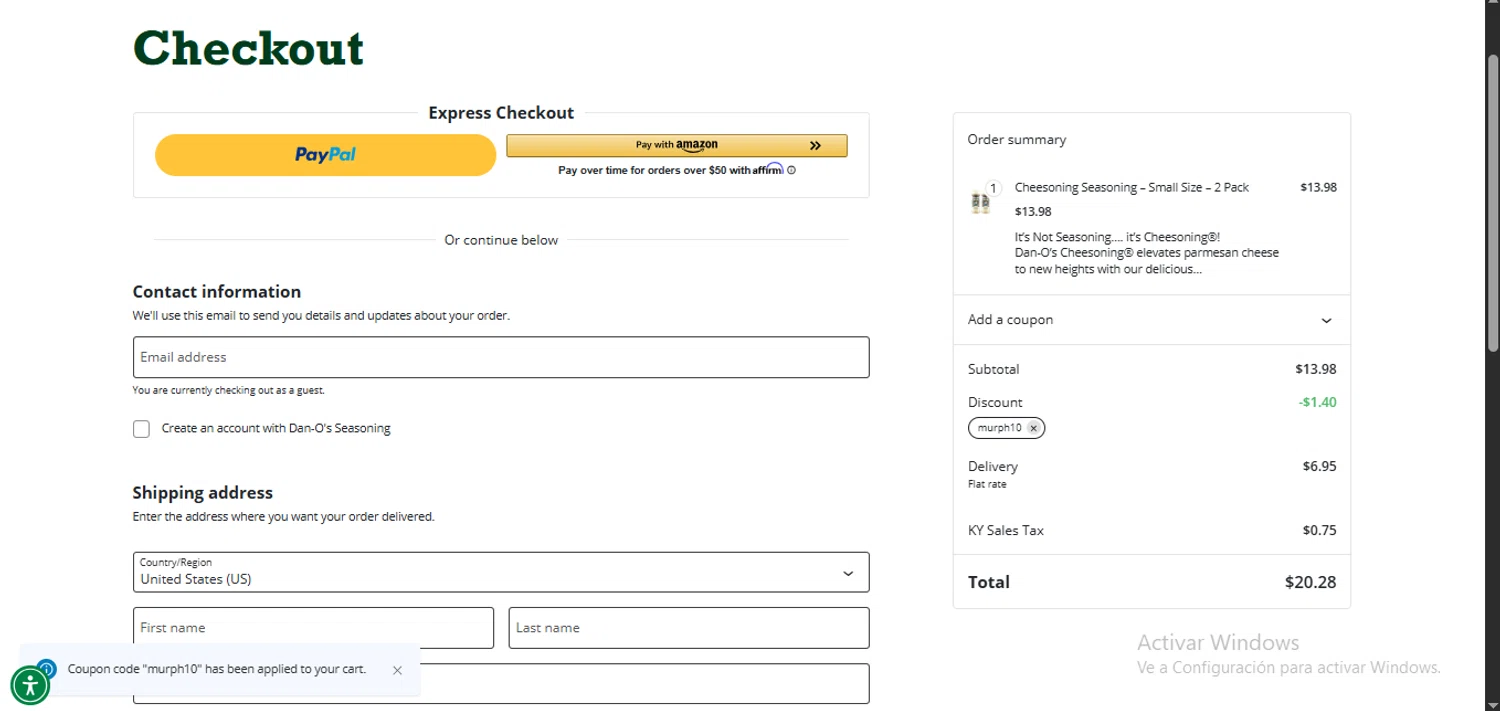 Dan-O's Seasoning discount code screenshot showing code murph10 applied at Dan-O's Seasoning checkout page. Uploaded by SimplyCodes community member RewardMaven959 on Jun 14, 2025