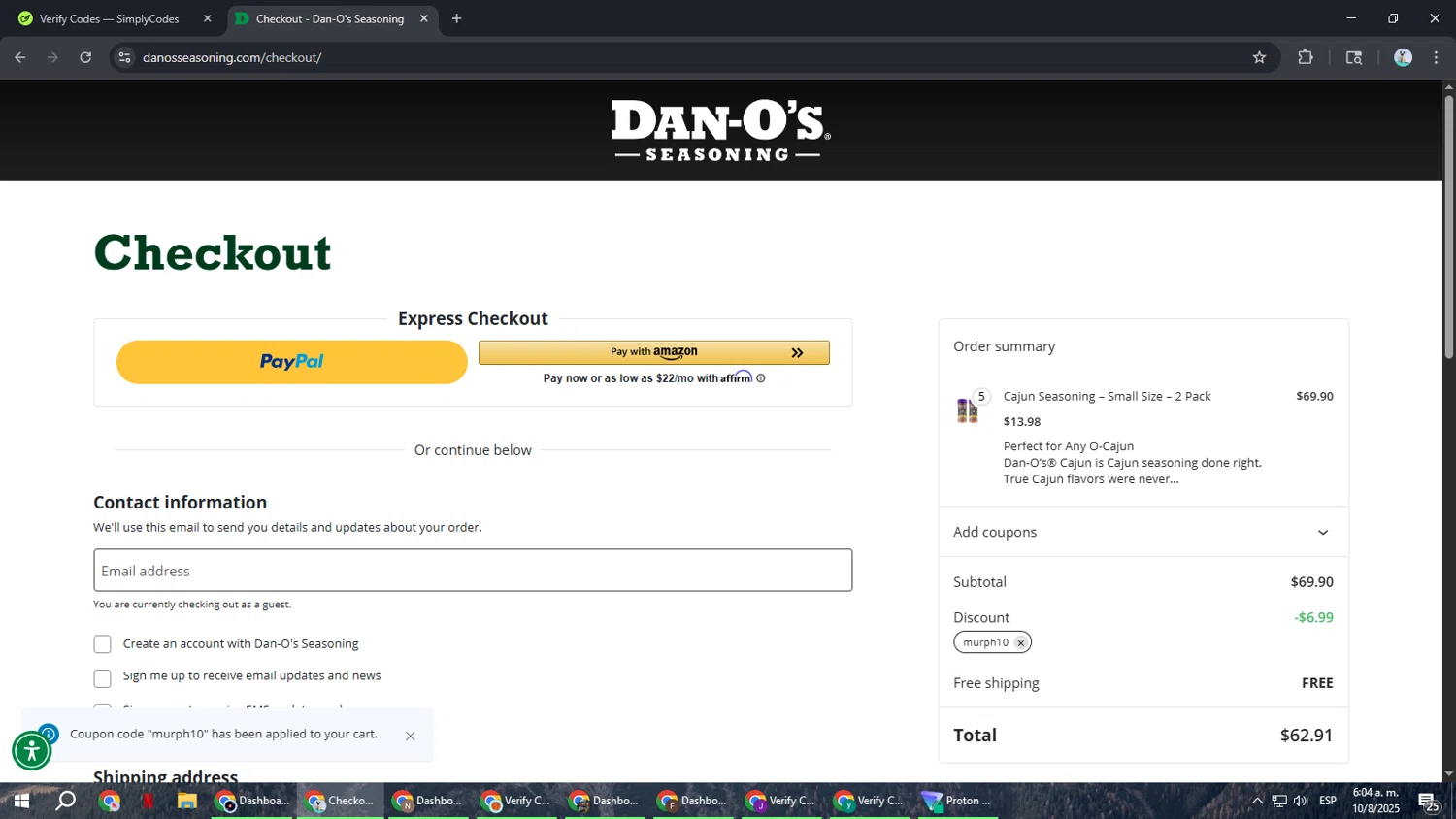 Dan-O's Seasoning discount code screenshot showing code murph10 applied at Dan-O's Seasoning checkout page. Uploaded by SimplyCodes community member ShrewdSeeker6165 on Aug 10, 2025