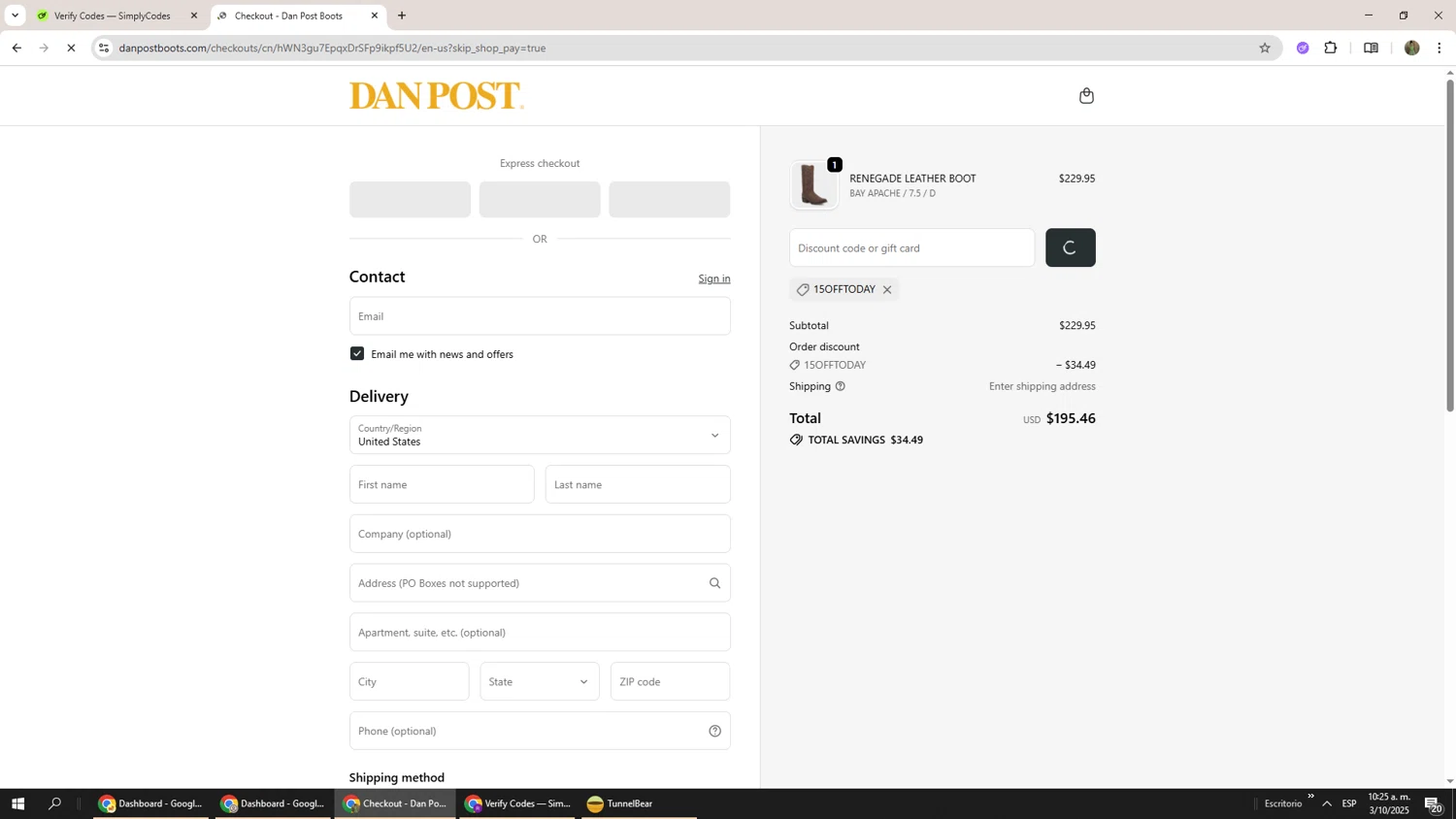 Dan Post Boots discount code screenshot showing code 15OFFTODAY applied at Dan Post Boots checkout page. Uploaded by SimplyCodes community member Phoenix585 on Oct 3, 2025