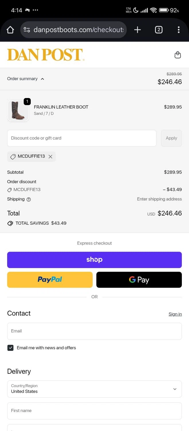 Dan Post Boots discount code screenshot showing code McDuffie13 applied at Dan Post Boots checkout page. Uploaded by SimplyCodes community member Bjhfuhdf on Nov 20, 2025