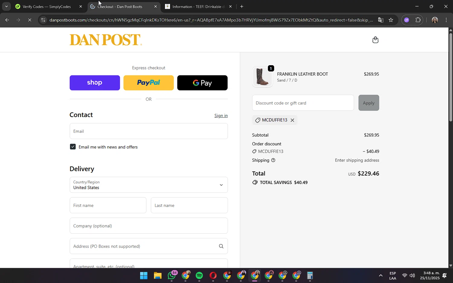 Dan Post Boots discount code screenshot showing code McDuffie13 applied at Dan Post Boots checkout page. Uploaded by SimplyCodes community member OliviaRodrigo on Nov 25, 2025