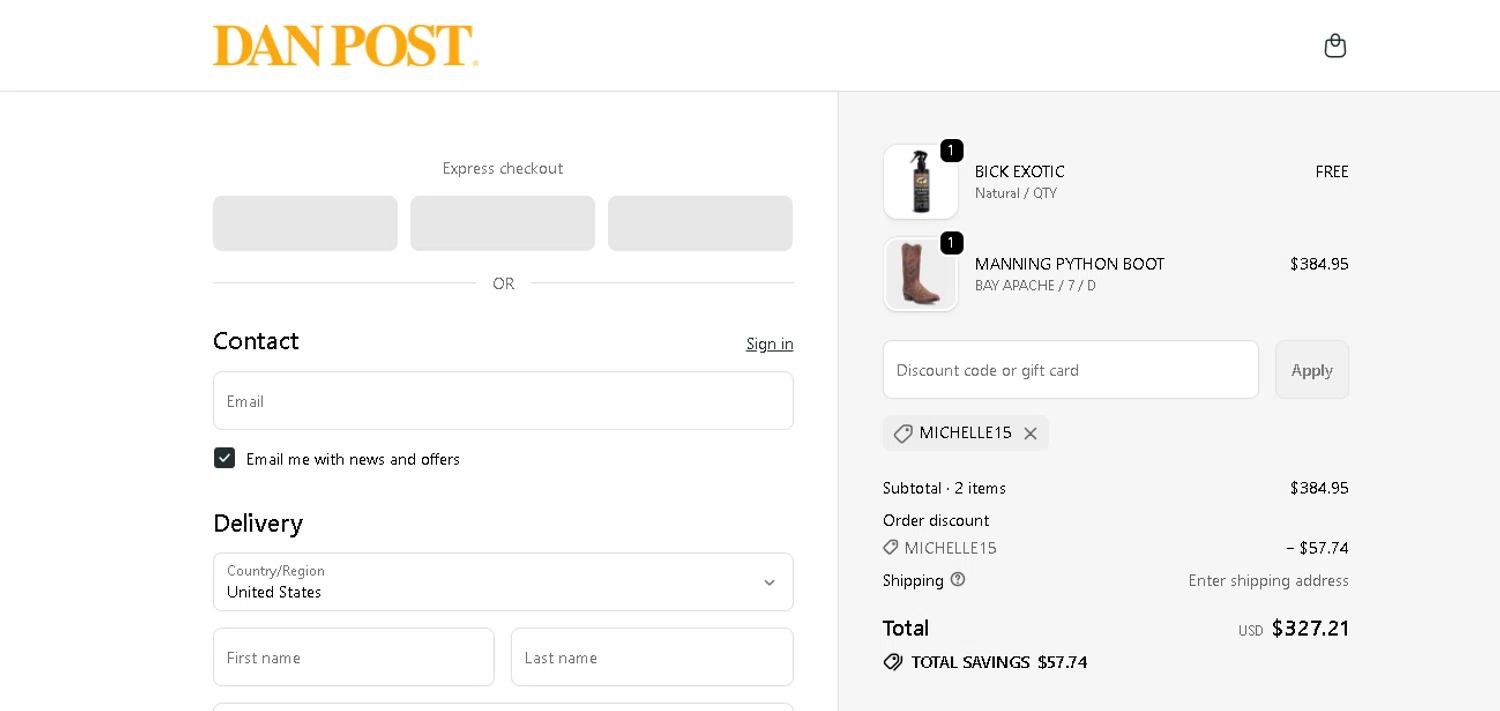 Dan Post Boots discount code screenshot showing code MICHELLE15 applied at Dan Post Boots checkout page. Uploaded by SimplyCodes community member BLUEBLASTOISE on Dec 17, 2025