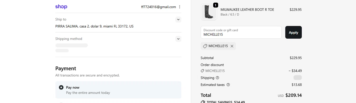 Dan Post Boots discount code screenshot showing code MICHELLE15 applied at Dan Post Boots checkout page. Uploaded by SimplyCodes community member Fish3r on Dec 29, 2025