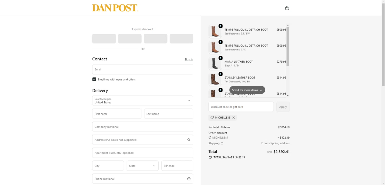 Dan Post Boots discount code screenshot showing code MICHELLE15 applied at Dan Post Boots checkout page. Uploaded by SimplyCodes community member ScanRanger3503 on Dec 29, 2025