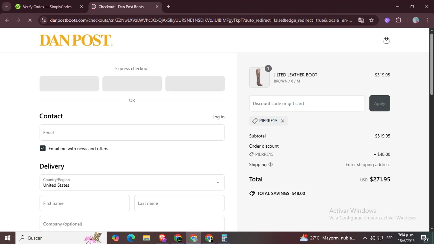 Dan Post Boots discount code screenshot showing code PIERRE15 applied at Dan Post Boots checkout page. Uploaded by SimplyCodes community member LegendaryPro7106 on Jun 18, 2025