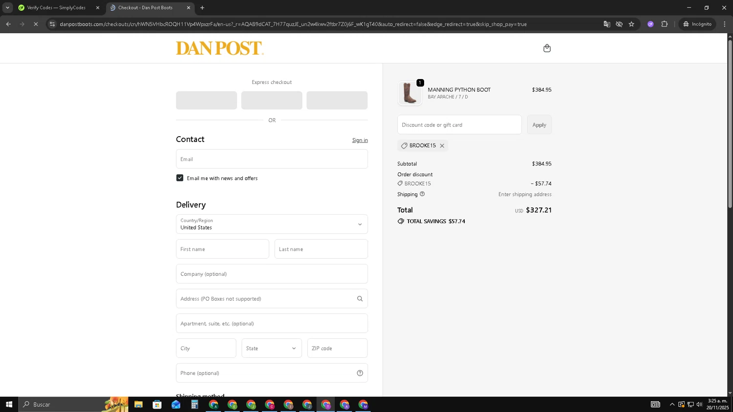 Dan Post Boots discount code screenshot showing code BROOKE15 applied at Dan Post Boots checkout page. Uploaded by SimplyCodes community member ShrewdSleuth9497 on Nov 20, 2025