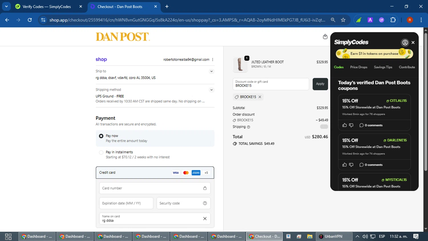 Dan Post Boots discount code screenshot showing code BROOKE15 applied at Dan Post Boots checkout page. Uploaded by SimplyCodes community member robertotorrealba on Feb 18, 2026