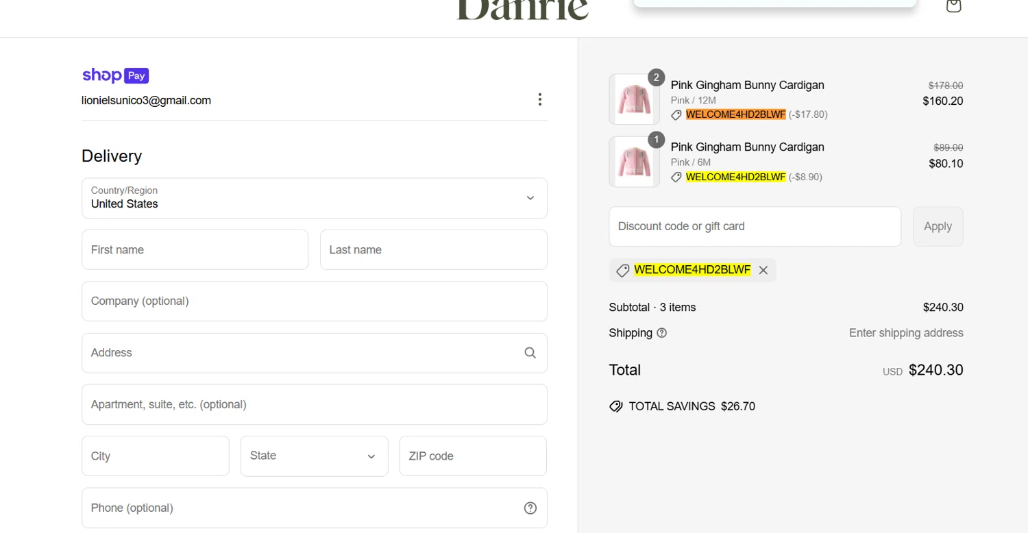 Danrie promo code screenshot showing code WELCOME4HD2BLWF applied at Danrie checkout page. Uploaded by SimplyCodes community member Lioniel on Apr 5, 2025