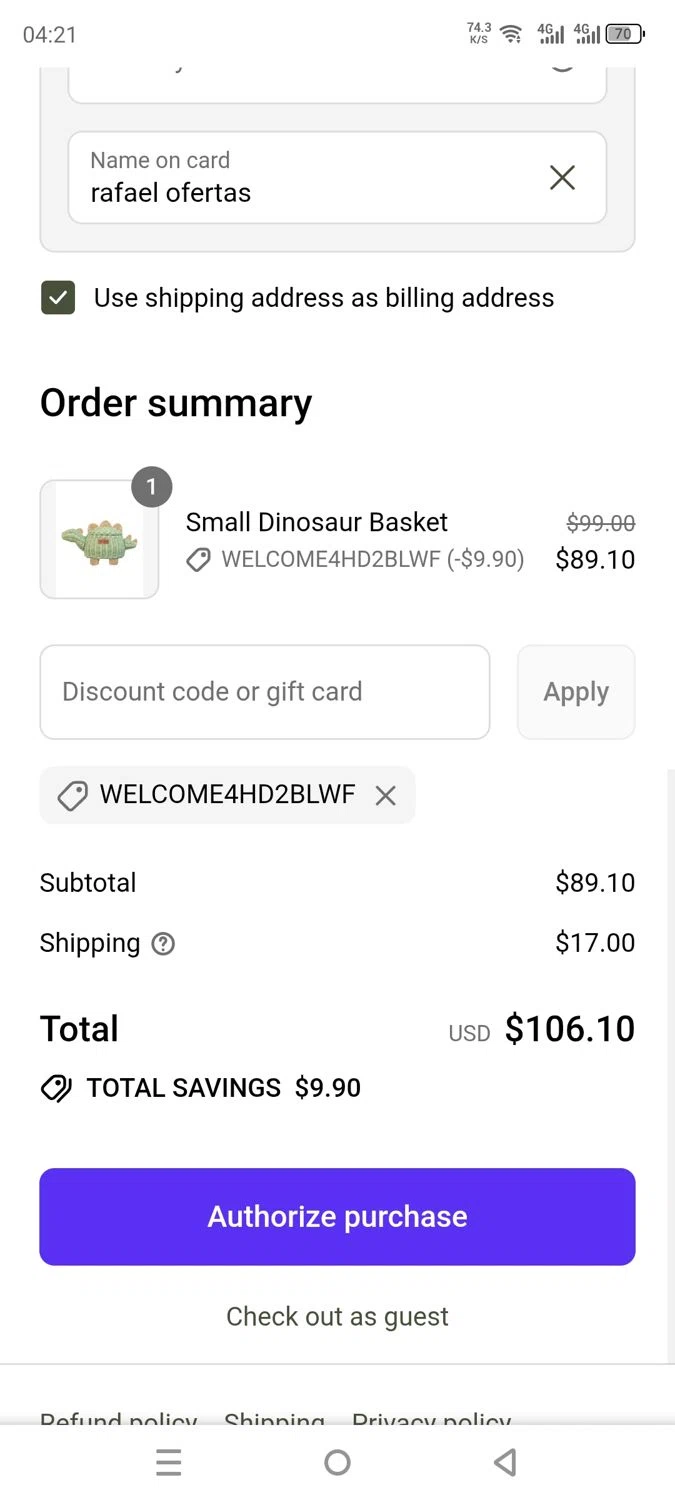 Danrie promo code screenshot showing code WELCOME4HD2BLWF applied at Danrie checkout page. Uploaded by SimplyCodes community member dayselis15 on Sep 8, 2025