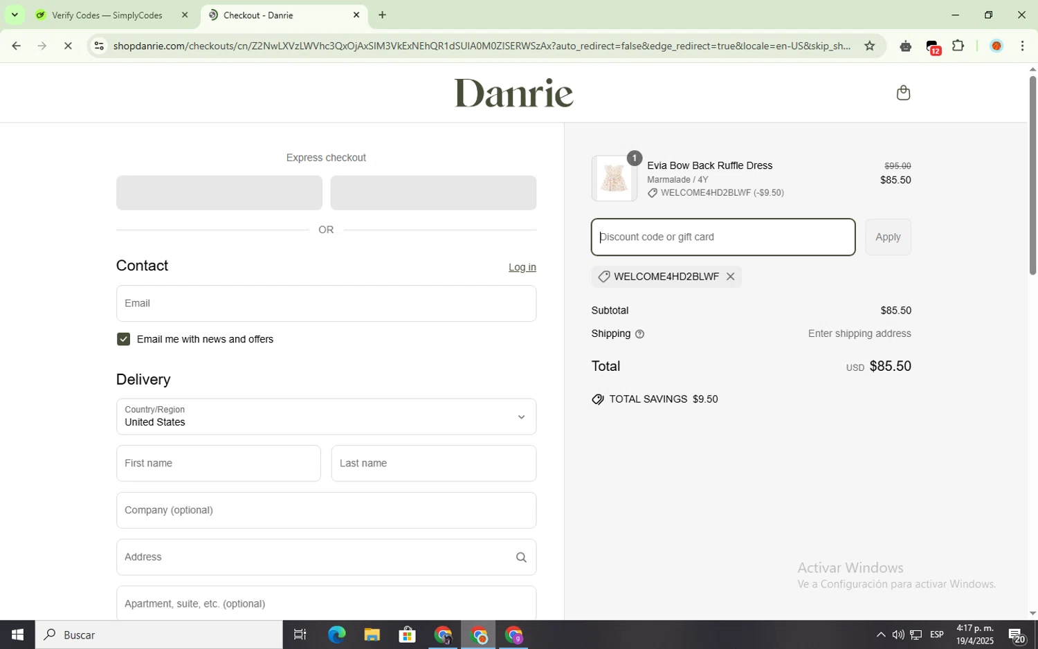 Danrie promo code screenshot showing code WELCOME4HD2BLWF applied at Danrie checkout page. Uploaded by SimplyCodes community member youngchecker2 on Apr 19, 2025
