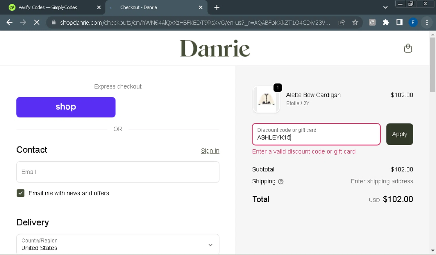 Danrie promo code screenshot showing code ASHLEYK15 applied at Danrie checkout page. Uploaded by SimplyCodes community member Fraimer on Dec 5, 2025