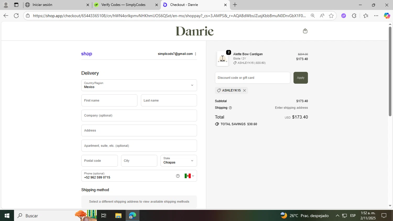 Danrie promo code screenshot showing code ASHLEYK15 applied at Danrie checkout page. Uploaded by SimplyCodes community member fhddfhfdhwert on Nov 2, 2025