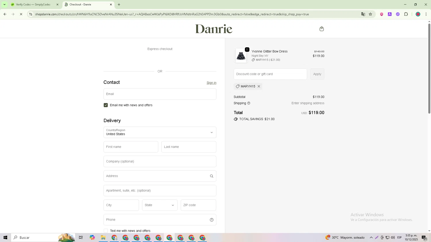 Danrie promo code screenshot showing code Maryh15 applied at Danrie checkout page. Uploaded by SimplyCodes community member Michael_Brown on Dec 10, 2025