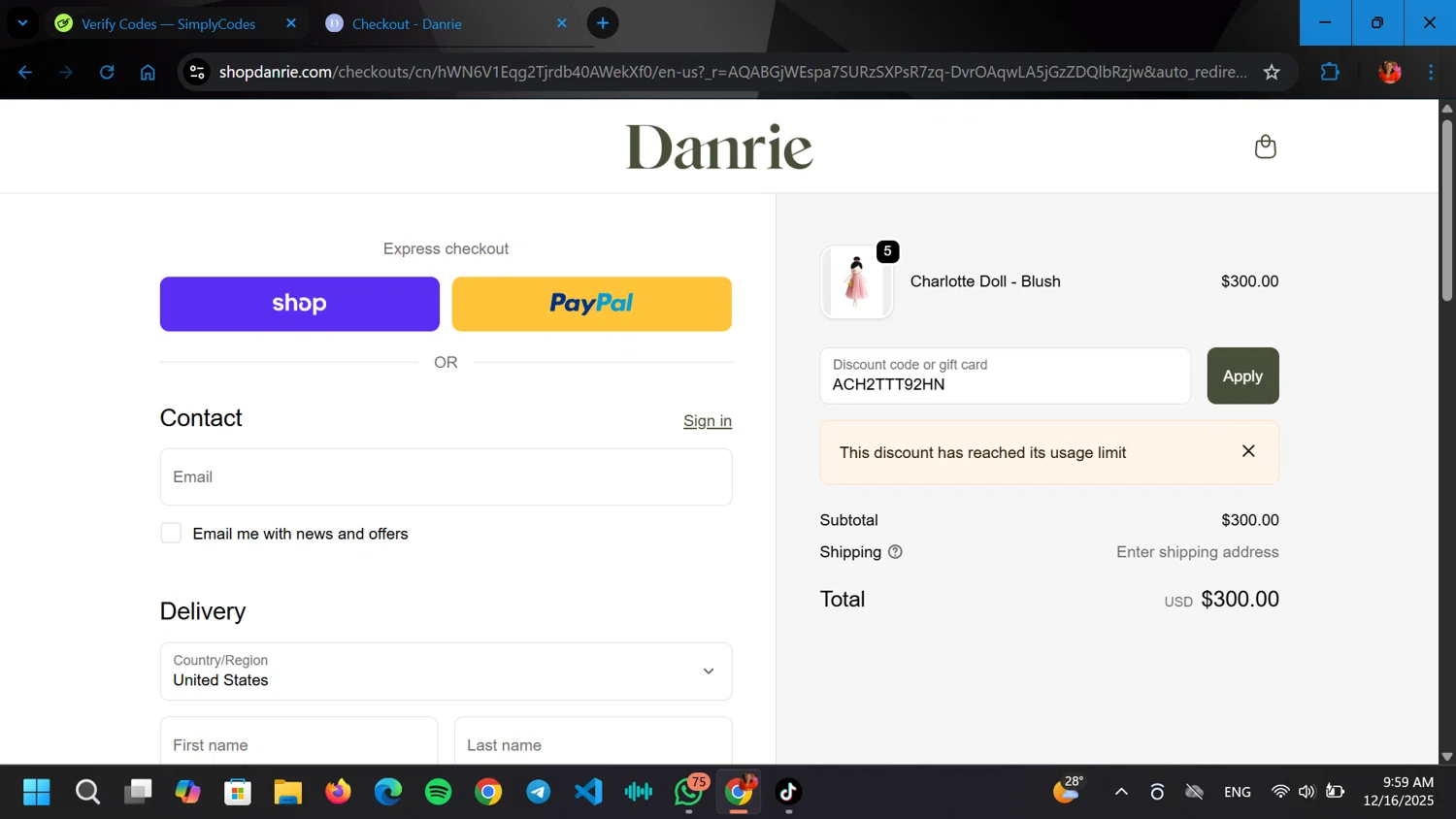 Danrie promo code screenshot showing code ACH2TTT92HN applied at Danrie checkout page. Uploaded by SimplyCodes community member ELGOAT on Dec 16, 2025