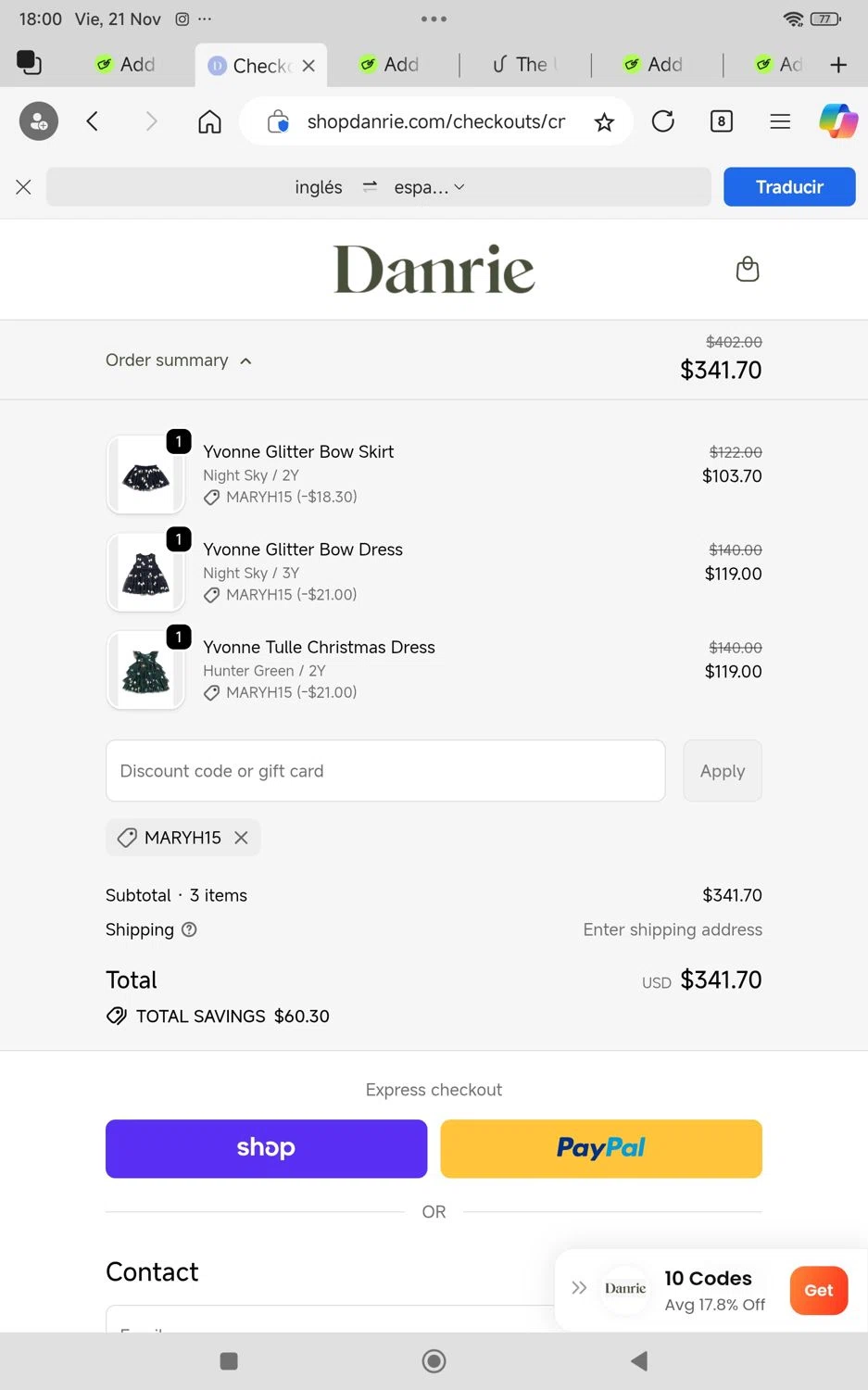 Danrie promo code screenshot showing code Maryh15 applied at Danrie checkout page. Uploaded by SimplyCodes community member KarinaHZ on Nov 21, 2025