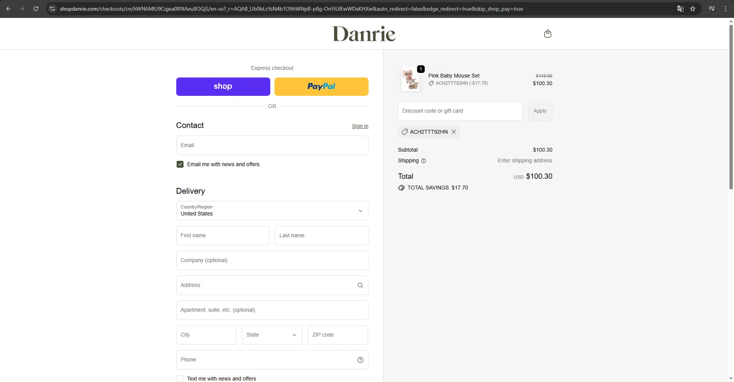 Danrie promo code screenshot showing code ACH2TTT92HN applied at Danrie checkout page. Uploaded by SimplyCodes community member MRDEAL on Dec 13, 2025