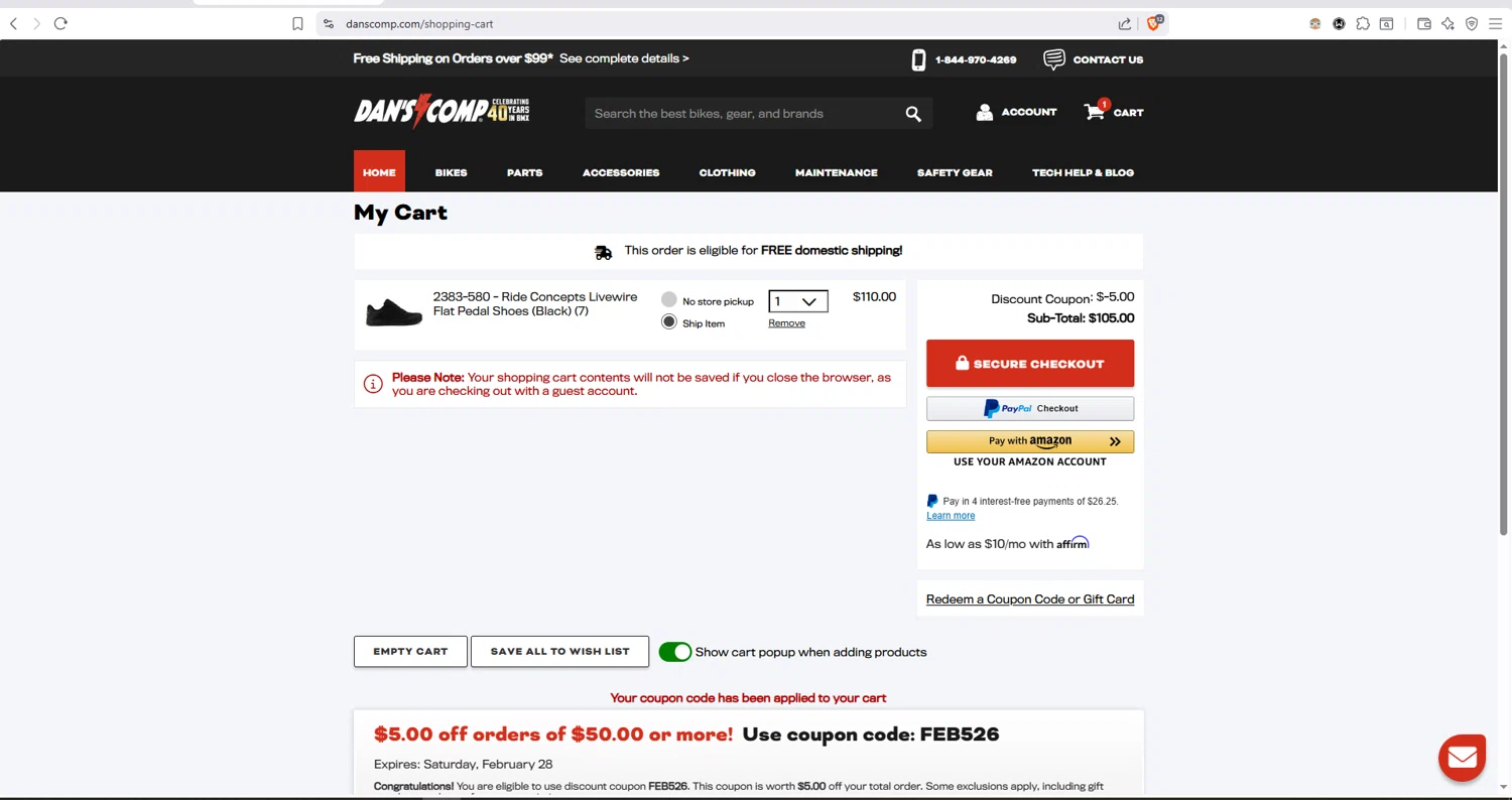 Dan's Comp checkout page showing Dan's Comp promo code box | Screenshot taken by SimplyCodes community member on Feb 1, 2026