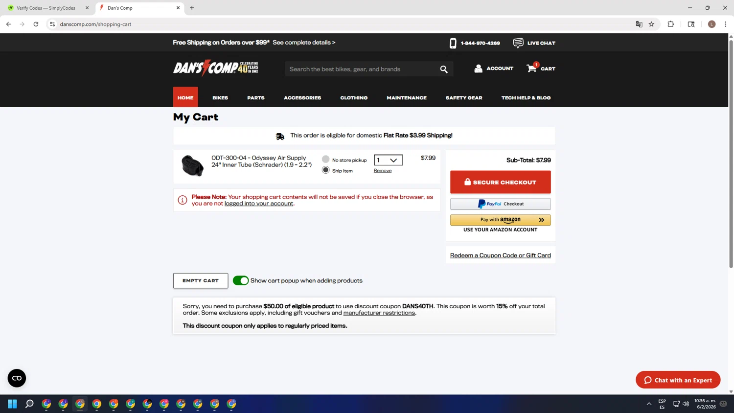 Dan's Comp promo code screenshot showing code DANS40TH applied at Dan's Comp checkout page. Uploaded by SimplyCodes community member BENELLI on Feb 6, 2026