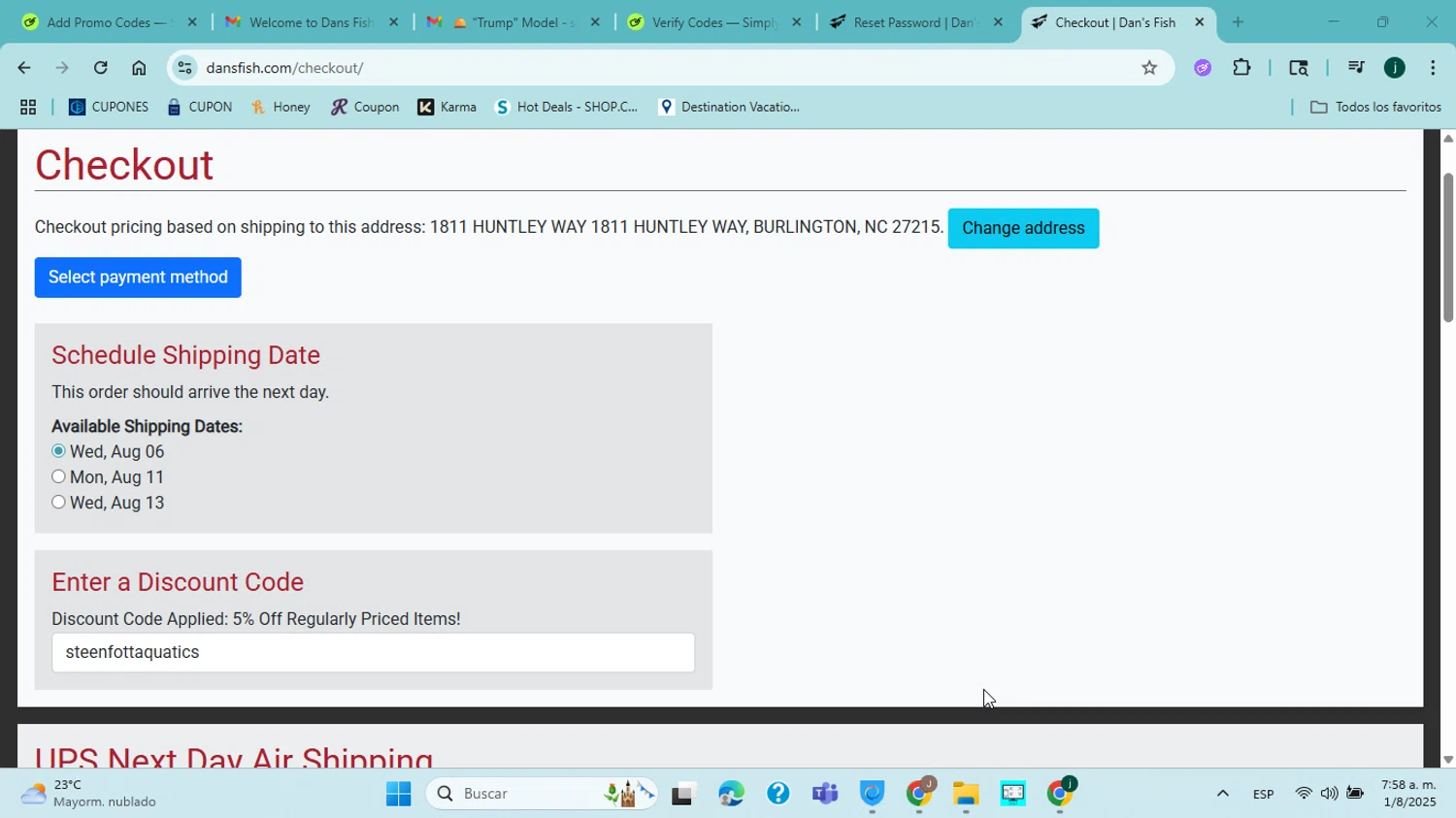 Dan's Fish checkout page showing Dan's Fish promo code box | Screenshot taken by SimplyCodes community member on Aug 1, 2025