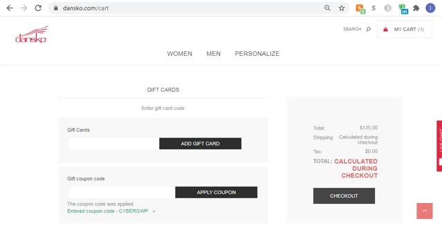 Dansko checkout page showing Dansko discount code box | Screenshot taken by SimplyCodes community member on Jan 5, 2021