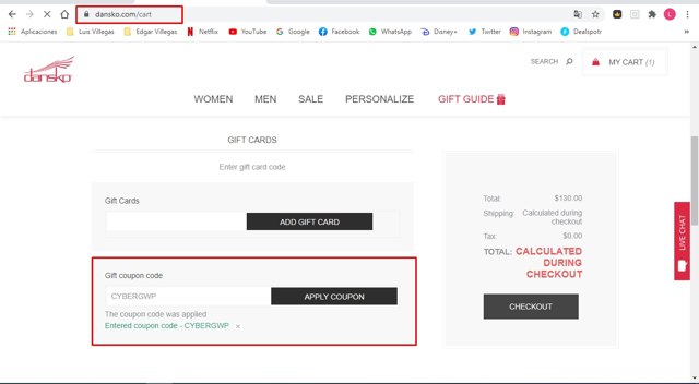 Dansko checkout page showing Dansko discount code box | Screenshot taken by SimplyCodes community member on Nov 28, 2020