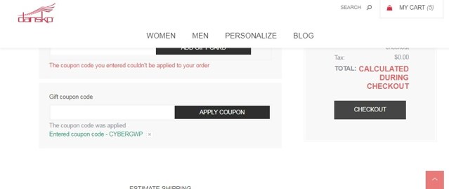 Dansko checkout page showing Dansko discount code box | Screenshot taken by SimplyCodes community member on Sep 14, 2020