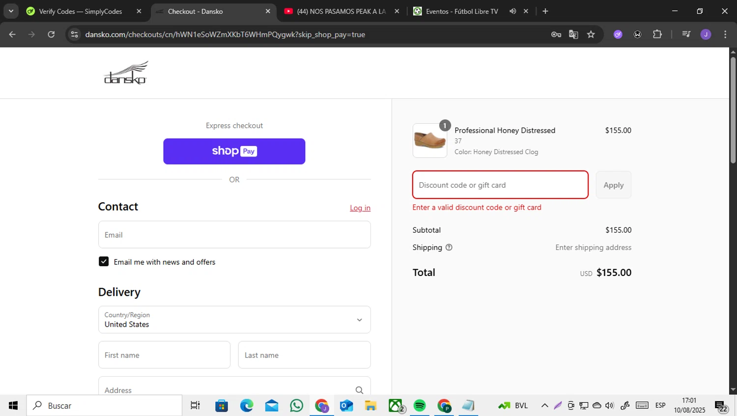 Dansko discount code screenshot showing code MOTHERSDAY22 applied at Dansko checkout page. Uploaded by SimplyCodes community member ENCARAMESSI on Aug 10, 2025
