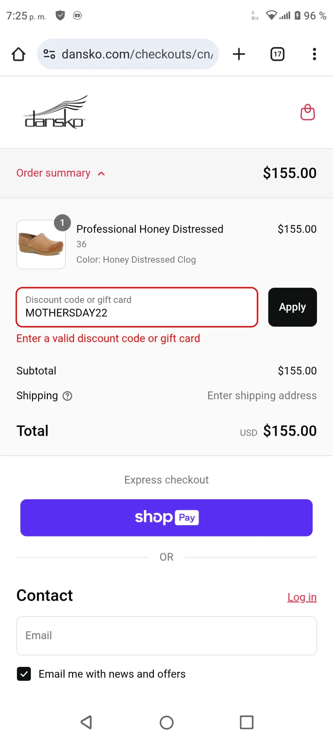 Dansko discount code screenshot showing code MOTHERSDAY22 applied at Dansko checkout page. Uploaded by SimplyCodes community member ExtraordinaryAdmiral7327 on Aug 10, 2025