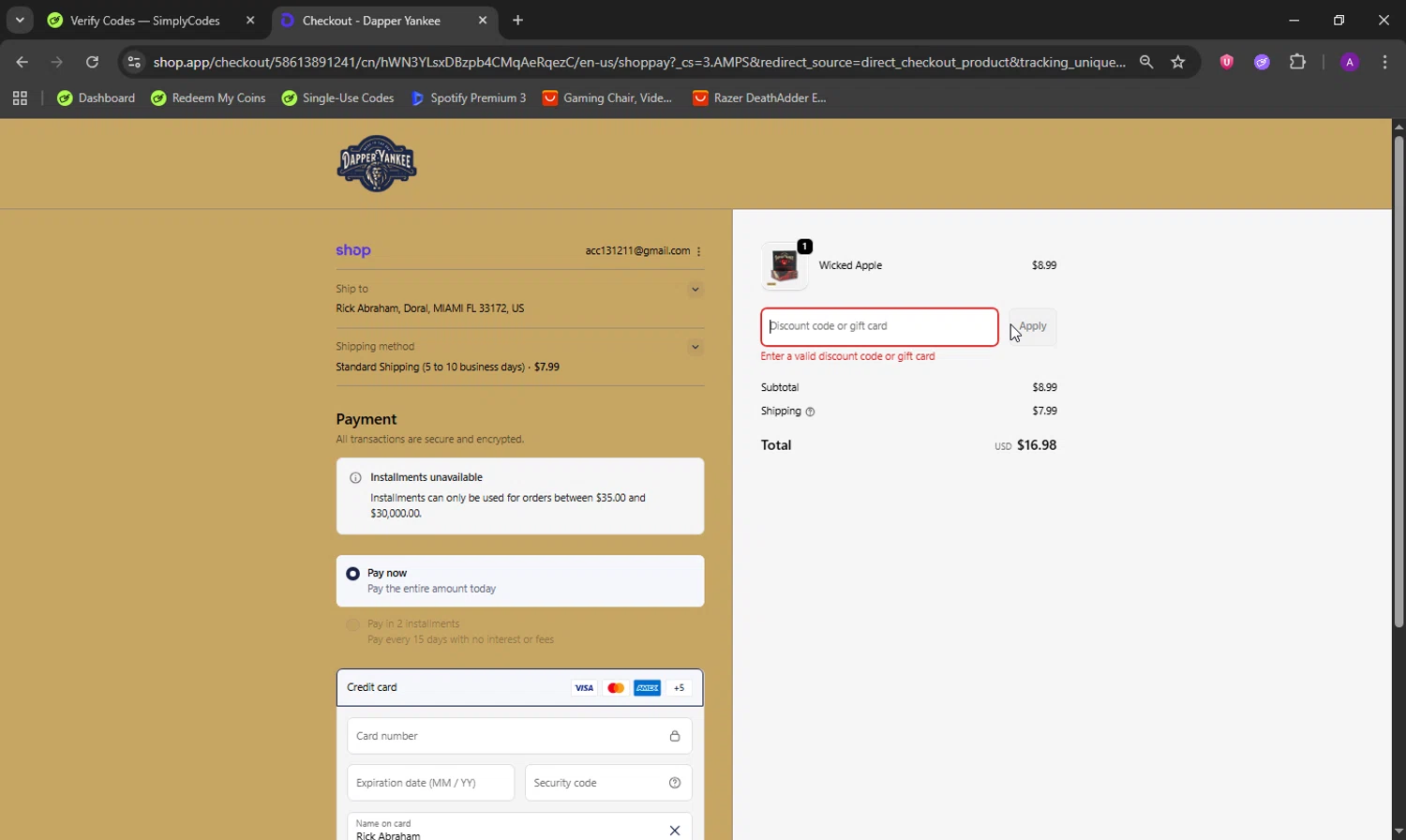 Dapper Yankee discount code screenshot showing code WELCOME20 applied at Dapper Yankee checkout page. Uploaded by SimplyCodes community member DeathBone on Sep 29, 2025