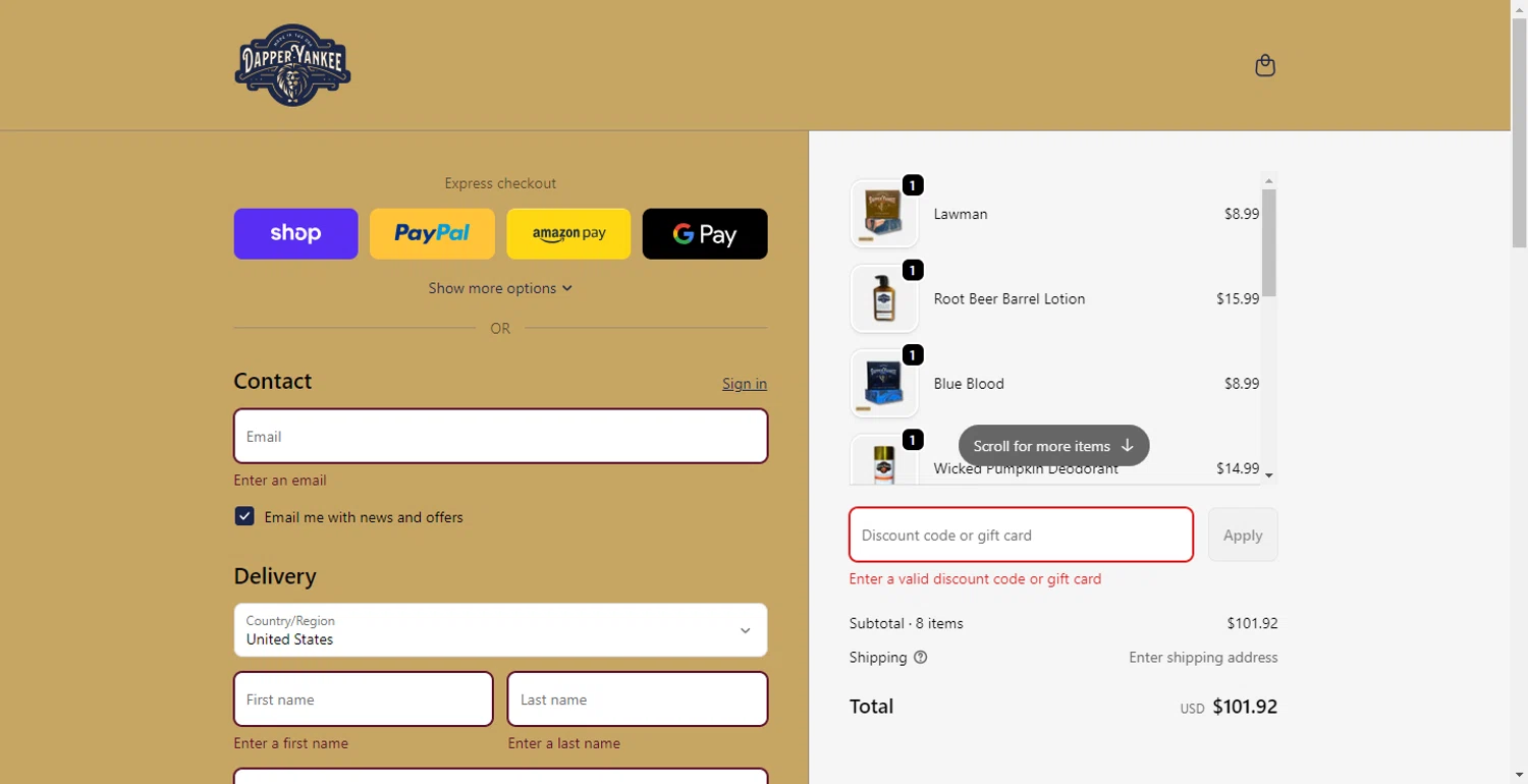 Dapper Yankee discount code screenshot showing code WELCOME20 applied at Dapper Yankee checkout page. Uploaded by SimplyCodes community member DiscountTracker247 on Sep 29, 2025