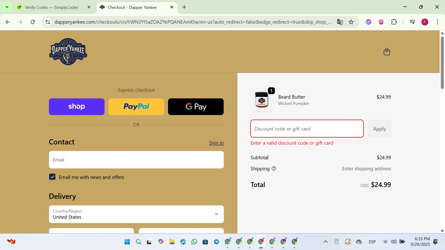 Dapper Yankee discount code screenshot showing code WELCOME20 applied at Dapper Yankee checkout page. Uploaded by SimplyCodes community member PennyMonarch581 on Sep 29, 2025