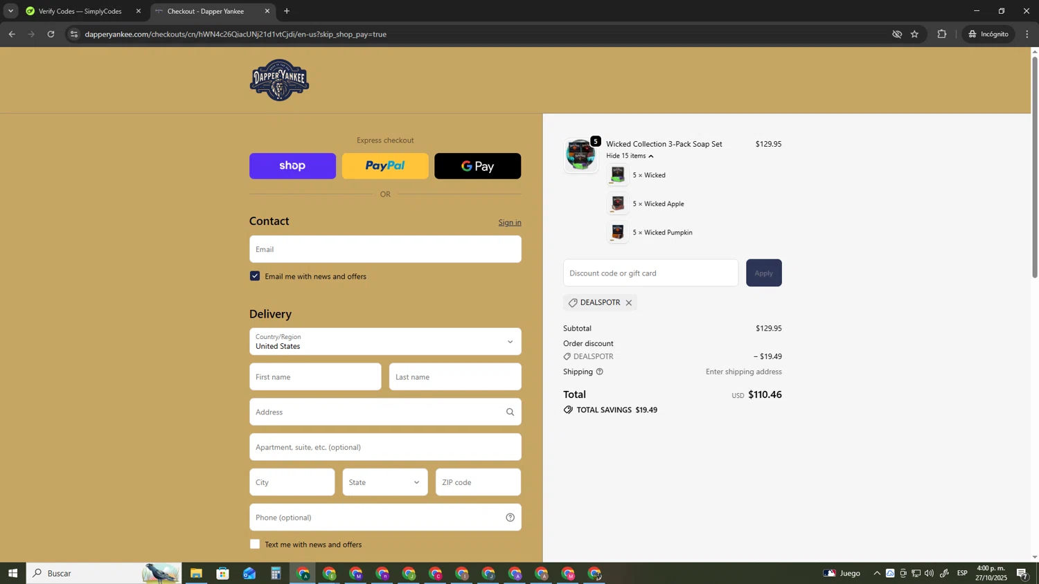 Dapper Yankee discount code screenshot showing code DEALSPOTR applied at Dapper Yankee checkout page. Uploaded by SimplyCodes community member HAOJIN on Oct 27, 2025