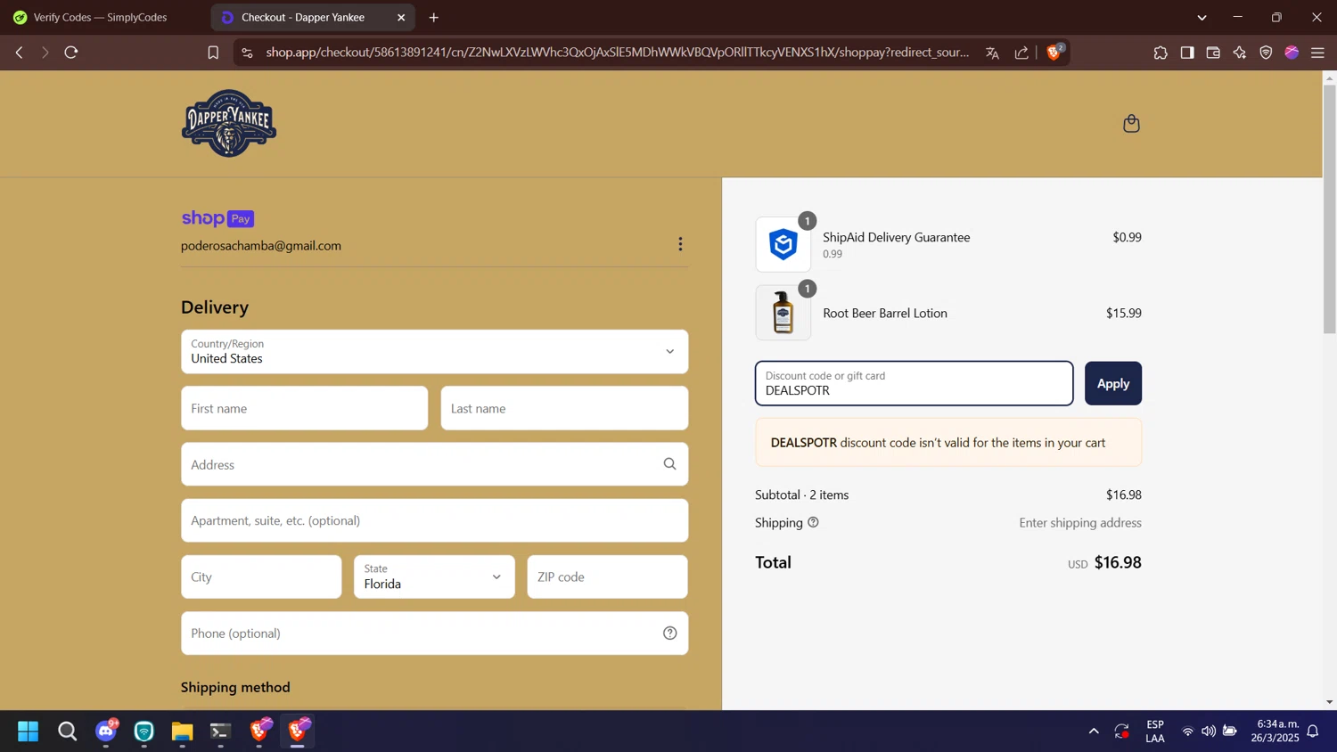 Dapper Yankee discount code screenshot showing code DEALSPOTR applied at Dapper Yankee checkout page. Uploaded by SimplyCodes community member nabucodonosor on Mar 26, 2025