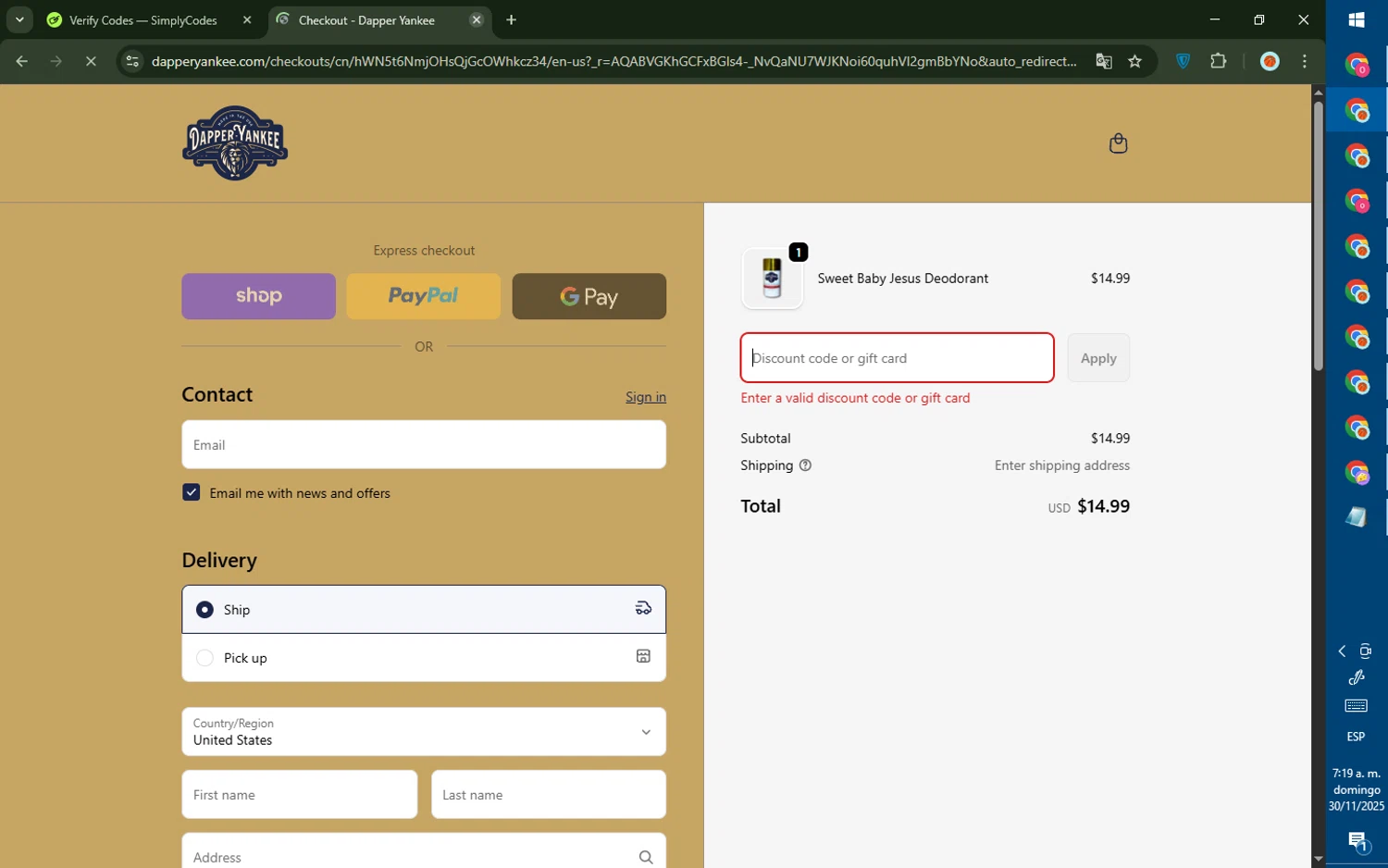 Dapper Yankee discount code screenshot showing code BFCM25 applied at Dapper Yankee checkout page. Uploaded by SimplyCodes community member DealTiger9869 on Nov 30, 2025