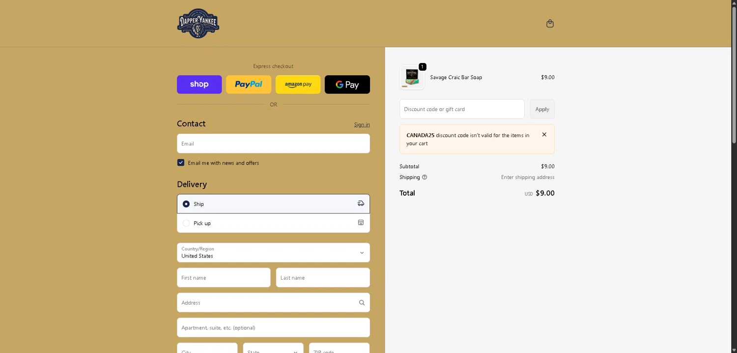 Dapper Yankee checkout page showing Dapper Yankee discount code box | Screenshot taken by SimplyCodes community member on Feb 20, 2026