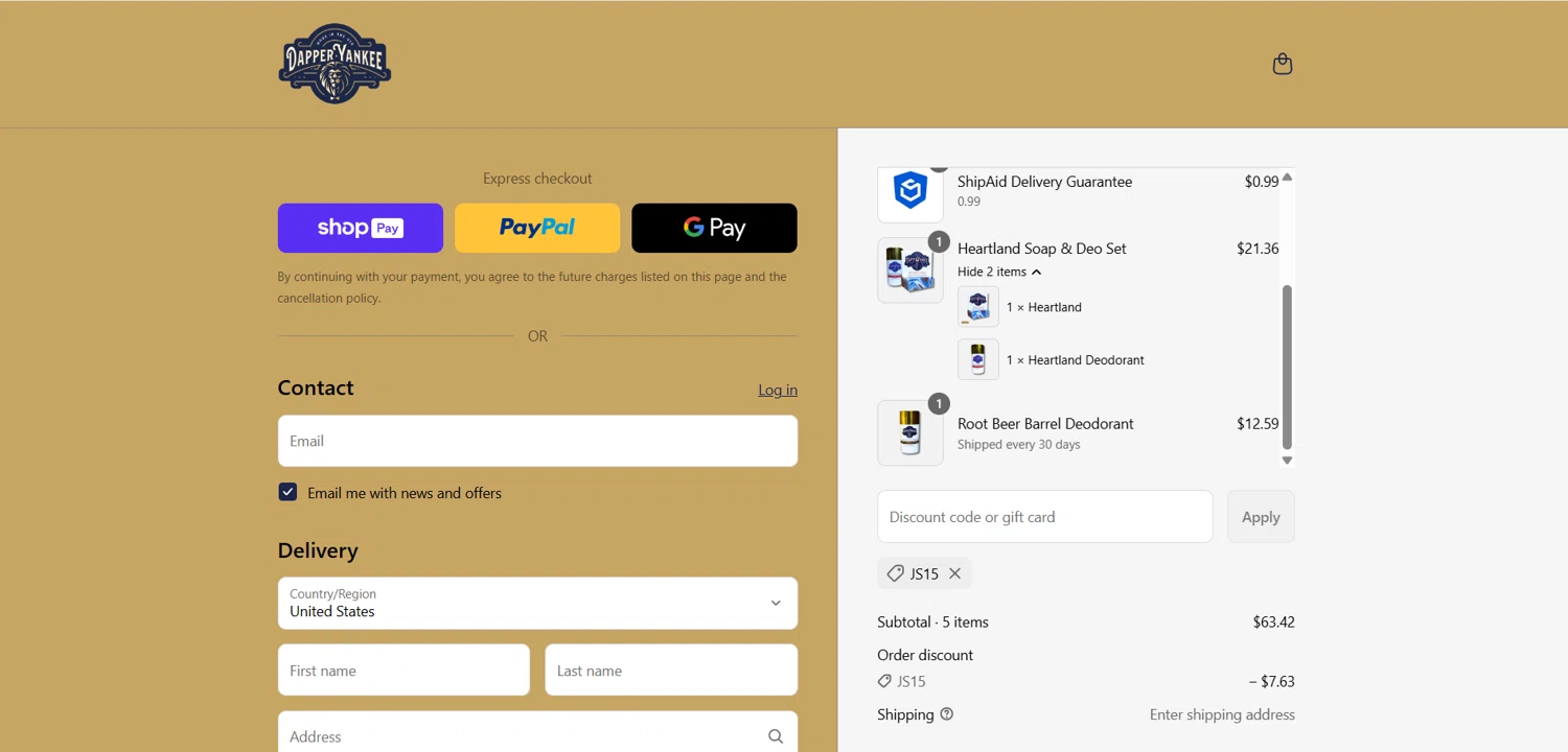 Dapper Yankee discount code screenshot showing code JS15 applied at Dapper Yankee checkout page. Uploaded by SimplyCodes community member HoneyJean on Jun 27, 2025